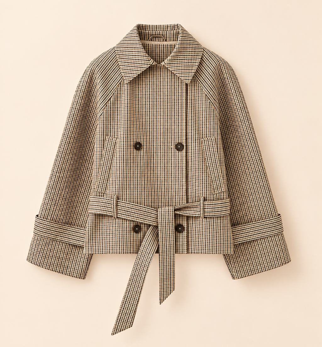 Belleora Grecia™ – Gabardina Corta de Cuadros con Cinturón