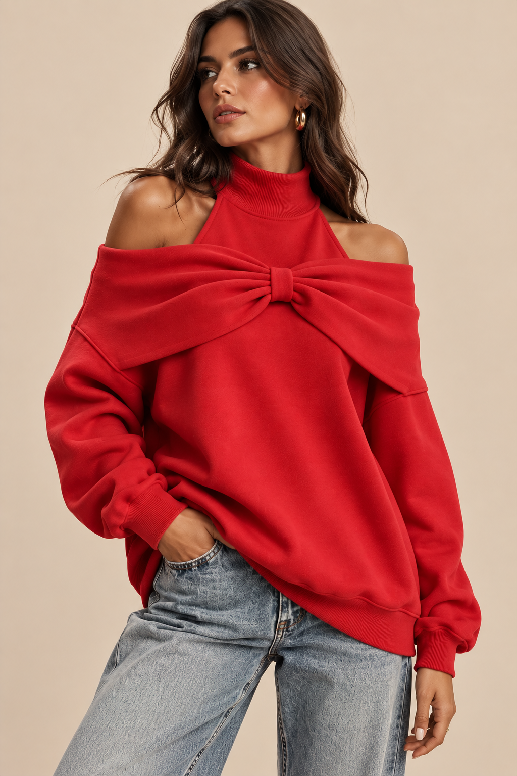 Belleora Lazo™ – Sudadera Oversize con Lazo y Hombros Descubiertos
