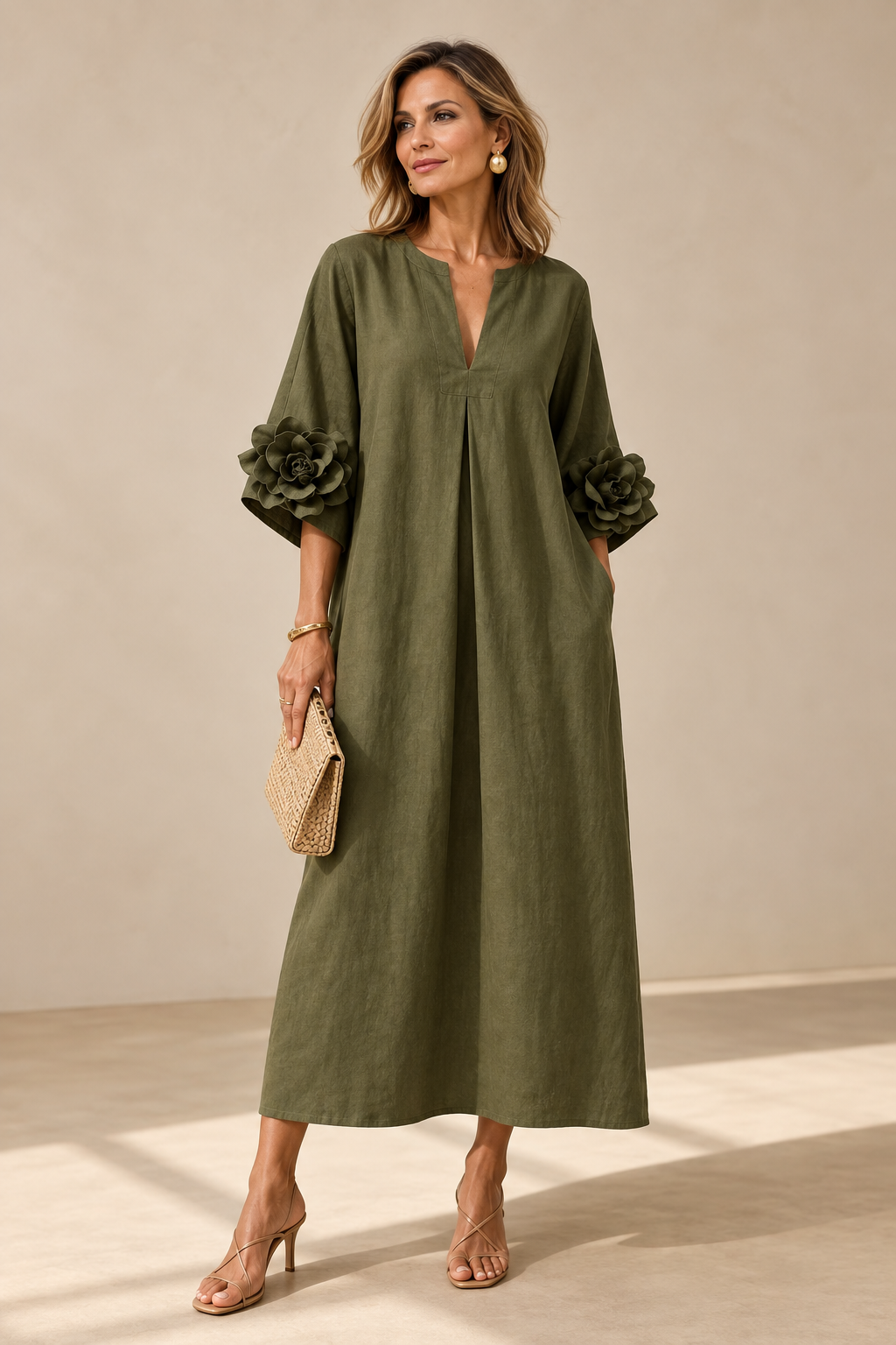 Belleora Lidia™ — Vestido Midi Verde Oliva con Flores 3D