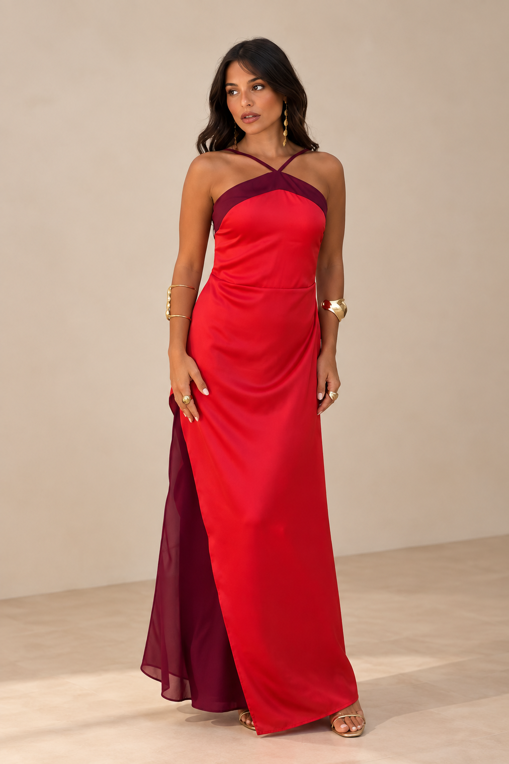 Belleora Beso™ — Vestido Largo Bicolor Rojo y Burdeos