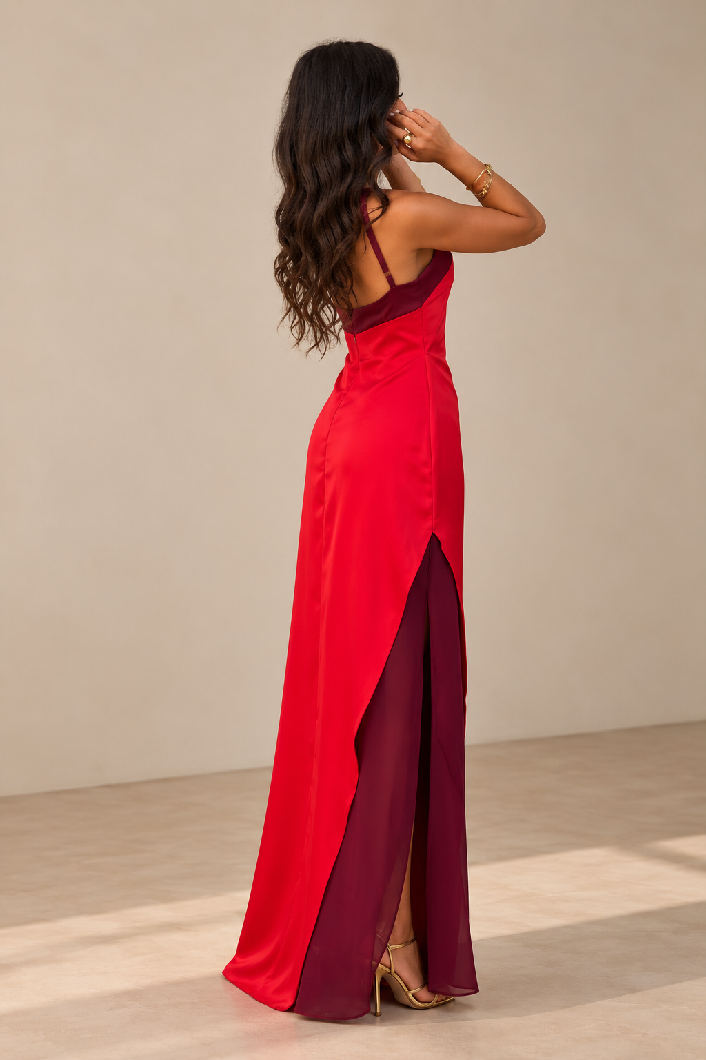 Belleora Beso™ — Vestido Largo Bicolor Rojo y Burdeos