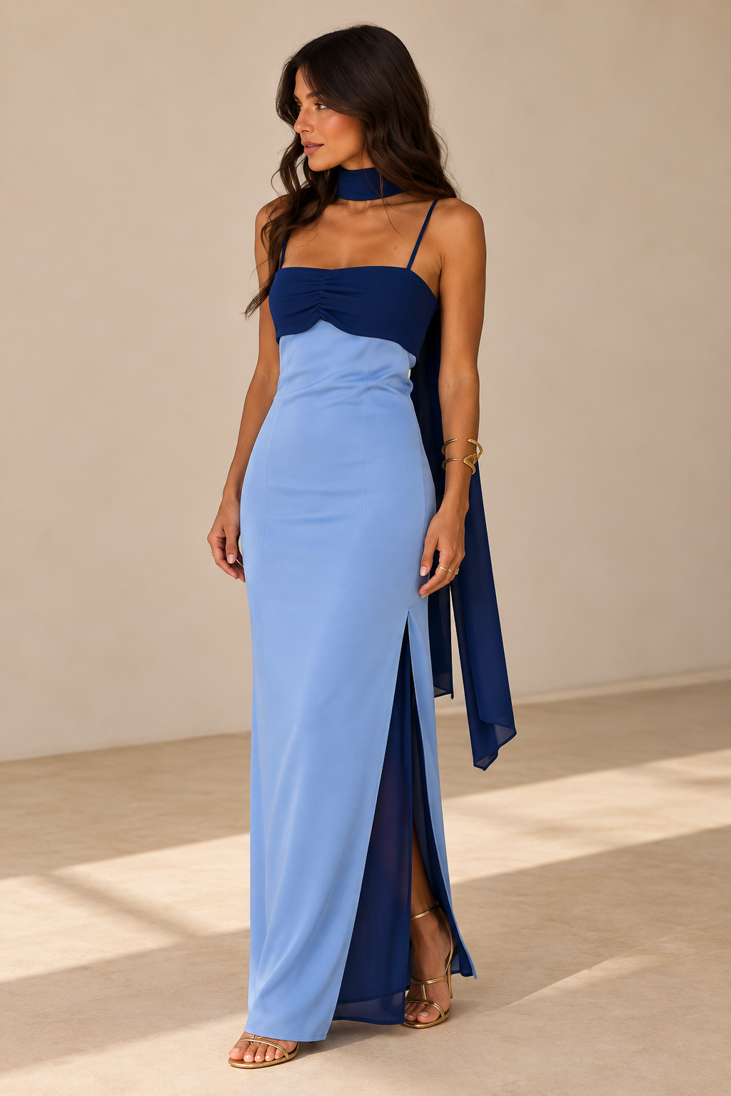Belleora Zahara™ — Vestido Largo Bicolor Azul