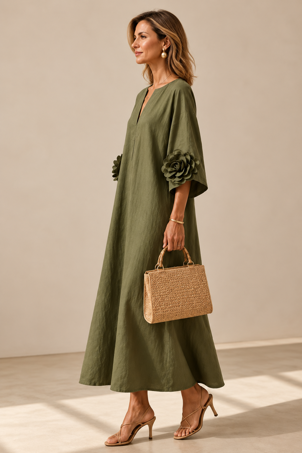 Belleora Lidia™ — Vestido Midi Verde Oliva con Flores 3D