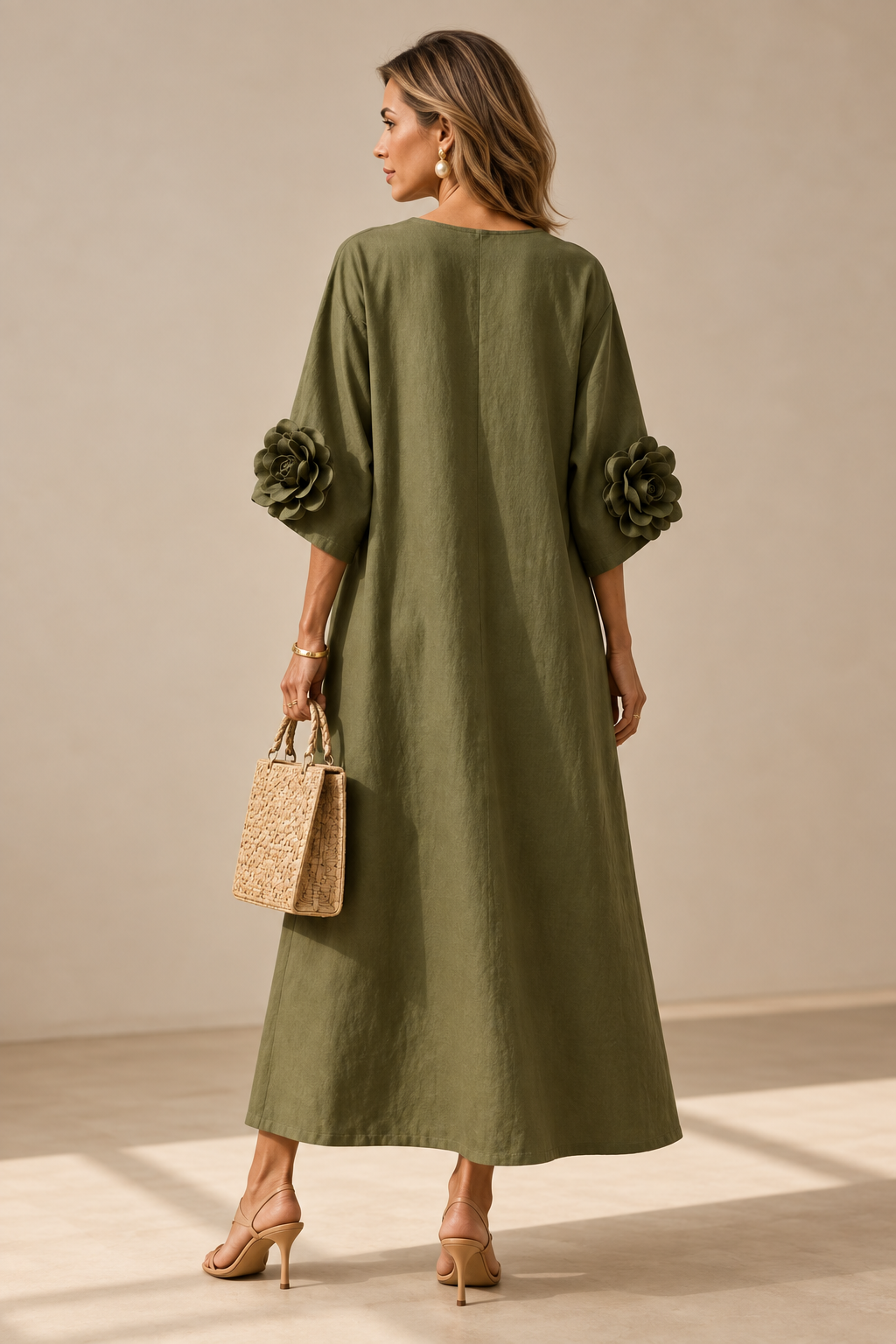 Belleora Lidia™ — Vestido Midi Verde Oliva con Flores 3D