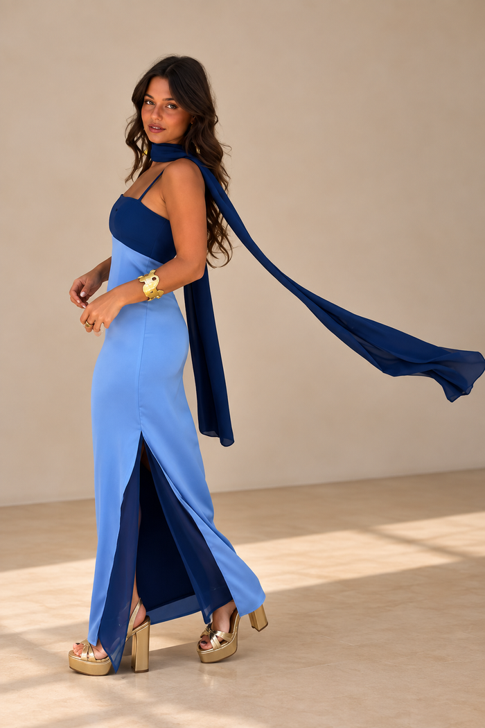 Belleora Zahara™ — Vestido Largo Bicolor Azul