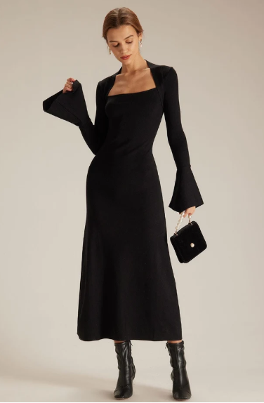 Belleora Adèle™ – Vestido Midi con Escote Cuadrado y Mangas Acampanadas