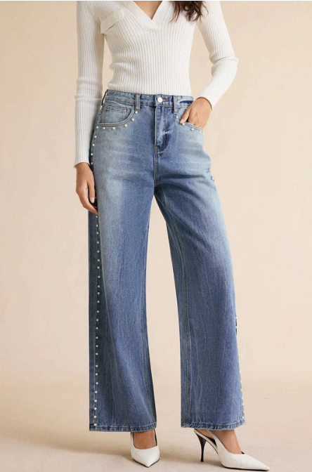 Belleora Perla™ – Jeans Rectos con Detalle de Perlas