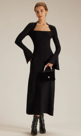 Belleora Adèle™ – Vestido Midi con Escote Cuadrado y Mangas Acampanadas