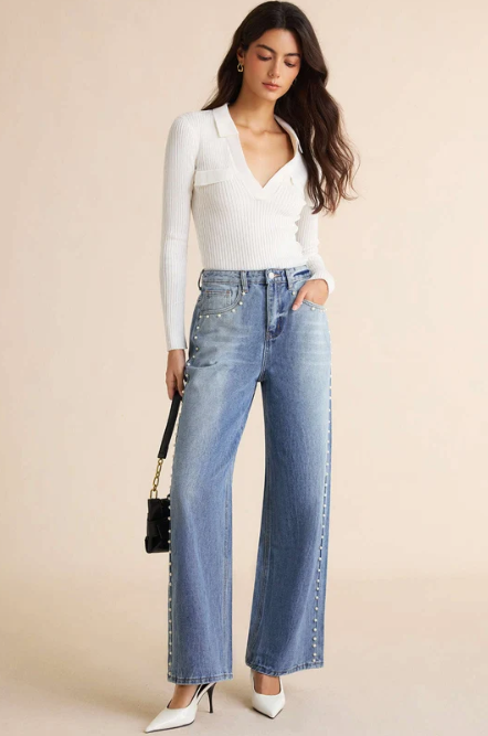 Belleora Perla™ – Jeans Rectos con Detalle de Perlas